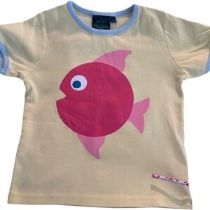 MINI BODEN girls fish shirt, yellow overall w/pink fish center, sz 7-8Y, awesome